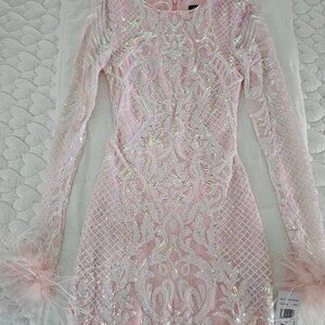 Blondie nites pink iridescent feathers dress